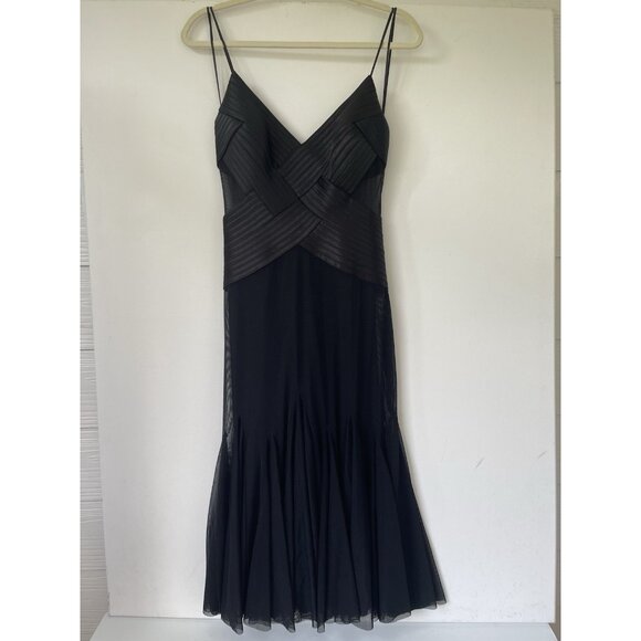 Cache Black Mesh Cocktail Dress Size 8 NWT – Pleated Bodice Spaghetti Strap Midi - Picture 5 of 7